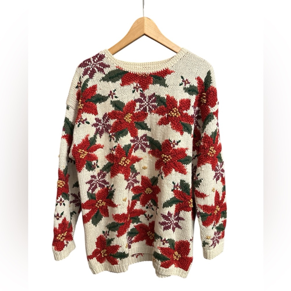 VTG 90s Cottagecore Floral Sweater Grandma Medium Knit Oversized Christmas F/S